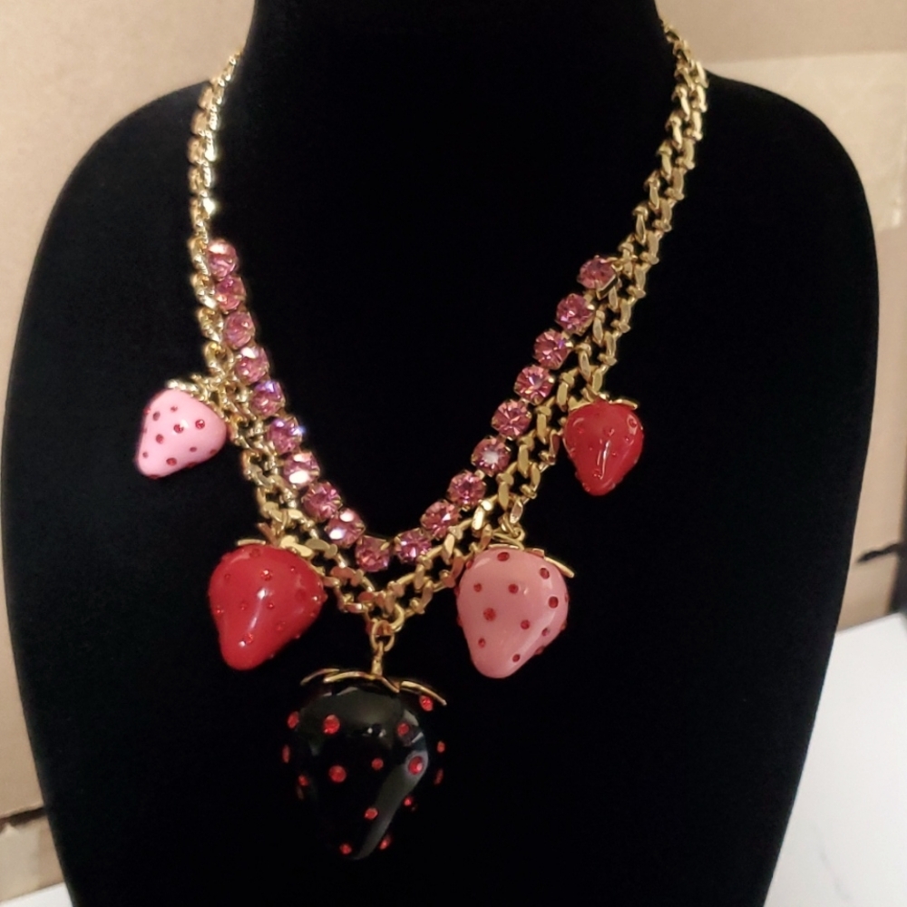 Betsey Johnson Strawberry Crystal Charm Necklace π - Picture 7 of 7